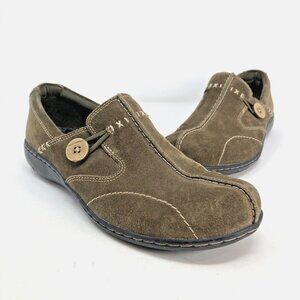 Clarks Shoes Womens 8.5 Olive Green Suede Bendables Slip On Loafers Comfort Fit